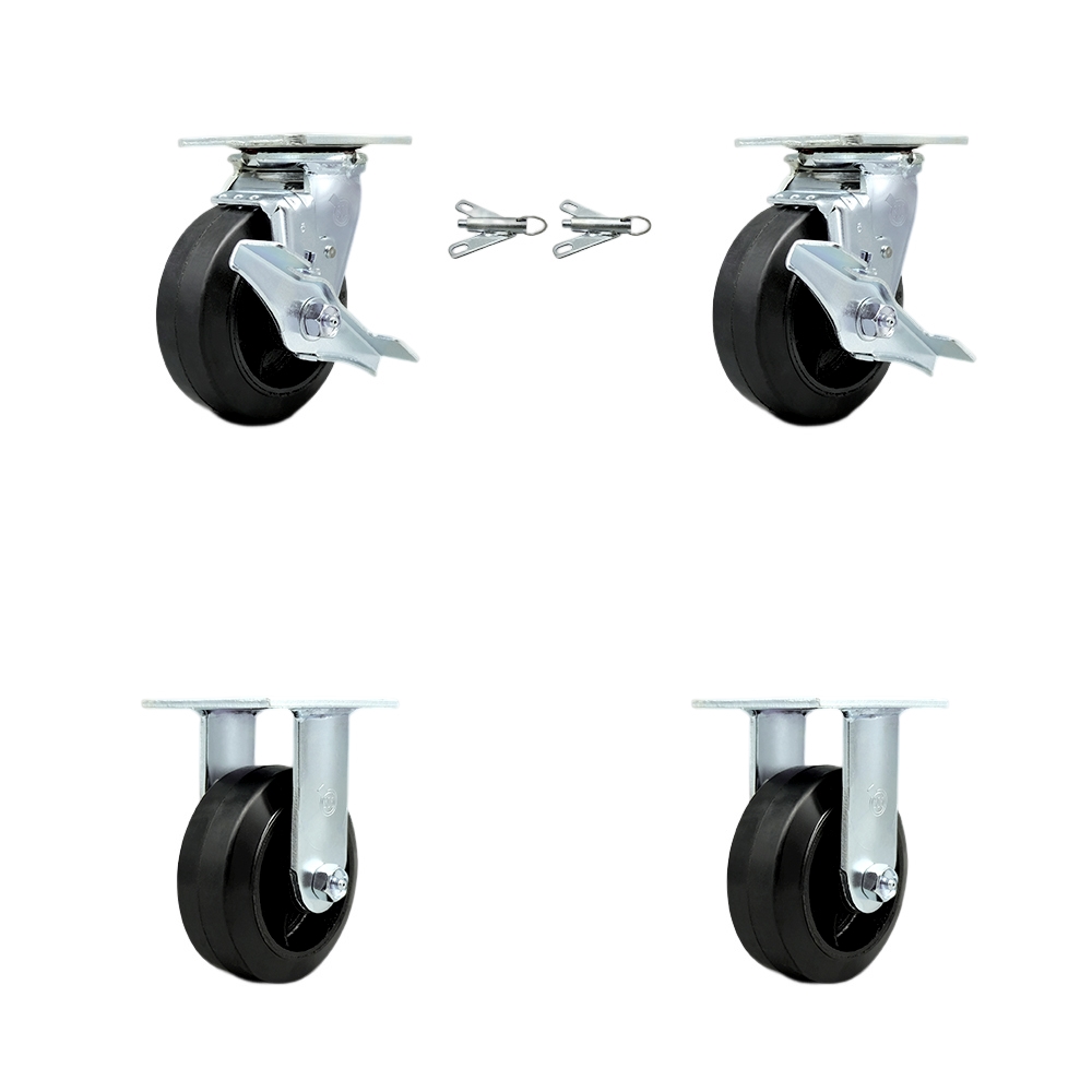 SCC-30CS520-RSR-TLB-BSL-2-R-2 Rubber on Metal Swivel Top Plate Casters, Heavy Duty with 5 in. Wheels - 1600 lbs Total Capacity - Set of 4
