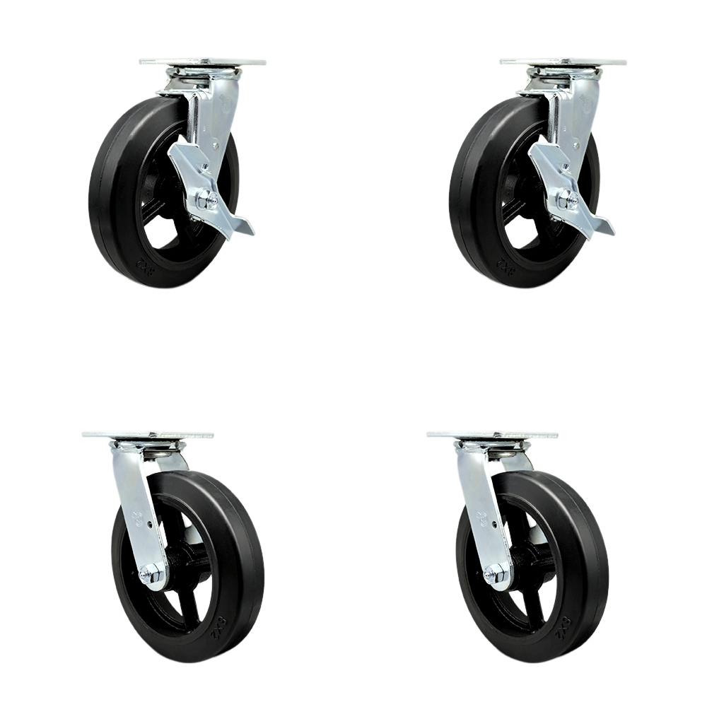 SCC-30CS820-RSR-TLB-BSL-2-BSL-2 Rubber on Metal Swivel Top Plate Casters, Heavy Duty with 8 in. Wheels - Set of 4