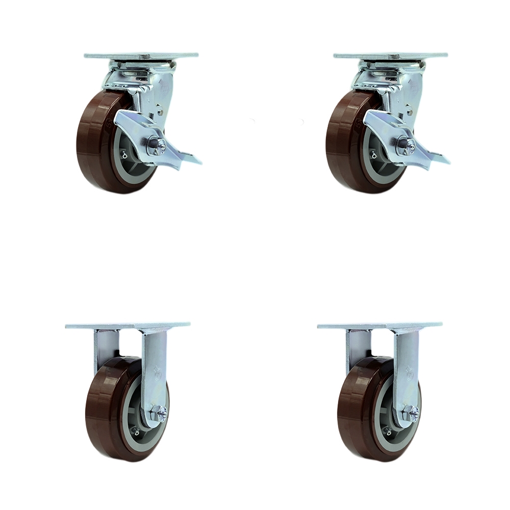 SCC-SS30S520-PPUR-TLB-BSL-2-R-2 Stainless Steel Polyurethane Swivel Top Plate Casters, Heavy Duty with 5 in. Wheels - Set of 4