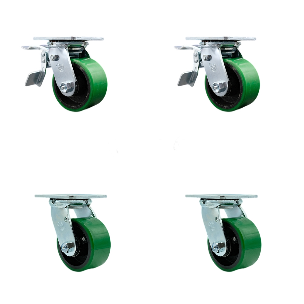 SCC-TTL30S420-PUR-GB-2-BSL-2 Polyurethane on Cast Iron Swivel Top Plate Casters, Heavy Duty with 4 in. Green Wheels - Set of 4