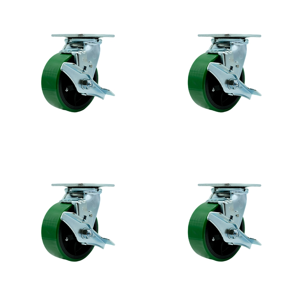 SCC-30CS520-PUR-GB-TLB-BSL-2-TLB-2 Polyurethane on Cast Iron Swivel Top Plate Casters, Heavy Duty with 5 in. Green Wheels - Set of 4