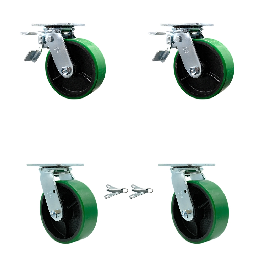 SCC-TTL30S620-PUR-GB-2-BSL-2 Polyurethane on Cast Iron Swivel Top Plate Casters, Heavy Duty with 6 in. Green Wheels - Set of 4