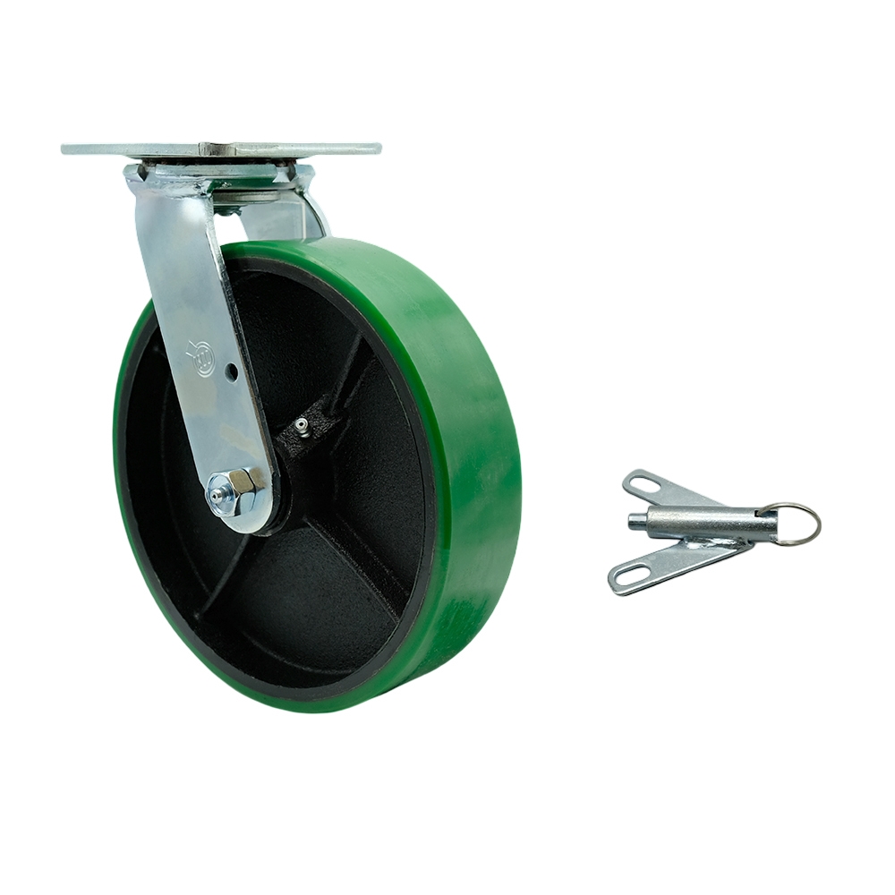 Polyurethane on Cast Iron Swivel Top Plate Heavy Duty Caster with 8 in. Green Wheel & Bolt on Swivel Lock - 1250 lbs Capacity per Caster