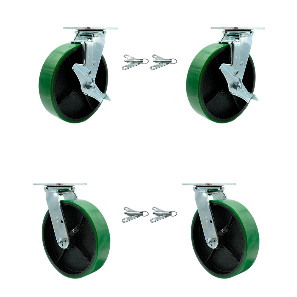 SCC-30CS820-PUR-GB-TLB-BSL-2-BSL-2 Poly on Cast Iron Swivel Top Plate Casters, Heavy Duty with 8 in. Green Wheels - Set of 4