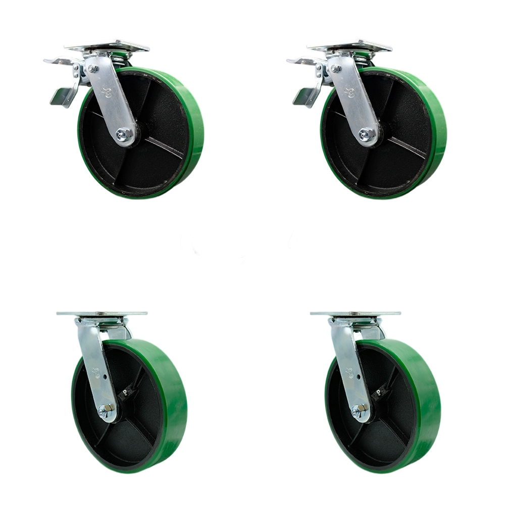 Polyurethane on Cast Iron Swivel Top Plate Casters, Heavy Duty with 8 in. Green Wheels - 5000 lbs Total Capacity - Set of 4