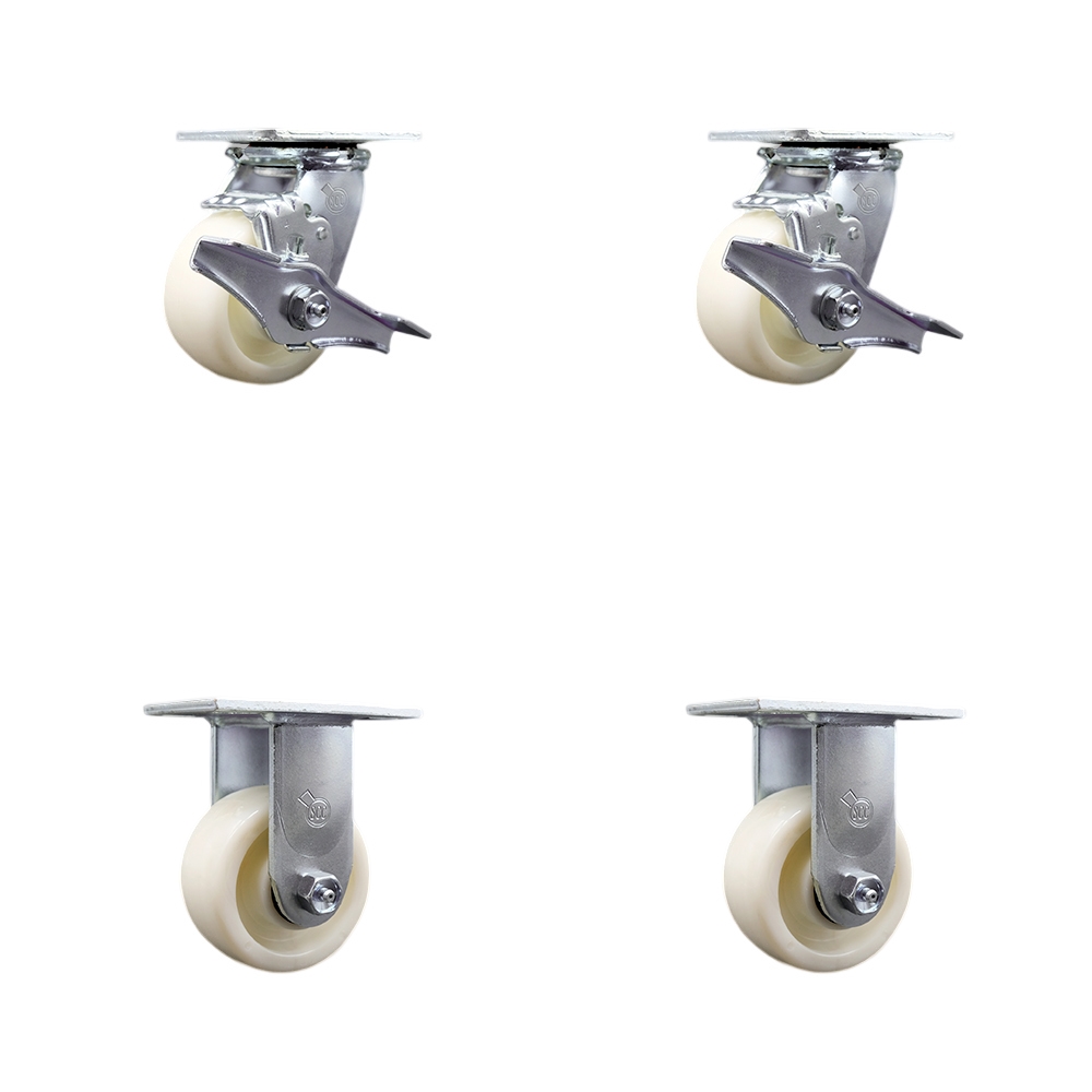 SCC-SS30S420-NYR-TLB-2-R-2 Stainless Steel Nylon Swivel Top Plate Casters, Heavy Duty with 4 in. Wheels - 3200 lbs Total Capacity - Set of 4
