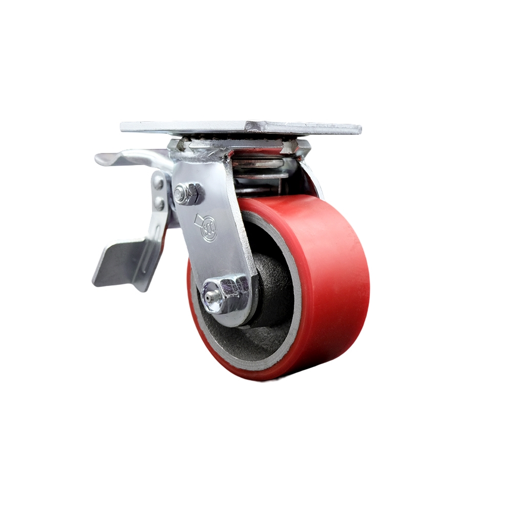 Polyurethane on Cast Iron Swivel Top Plate Heavy Duty Caster with 4 in. Red Wheel & Total Lock Brake - 700 lbs Capacity per Caster