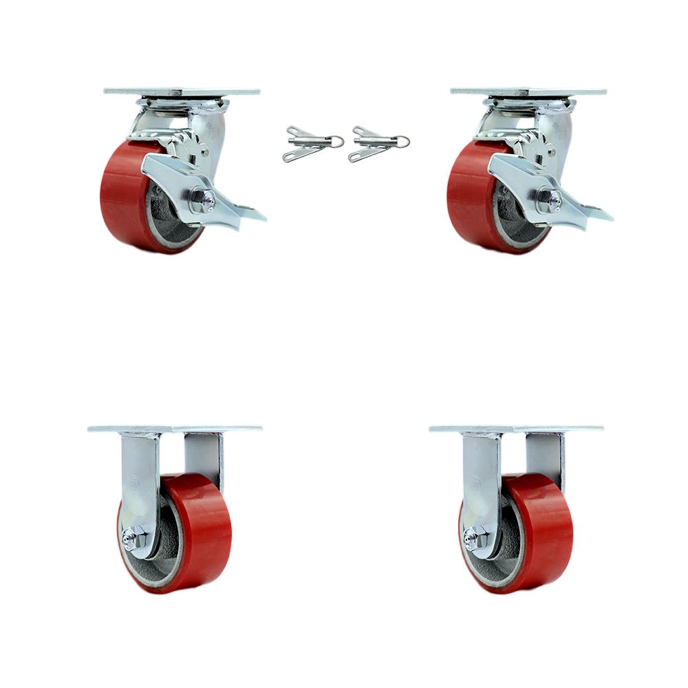 SCC-30CS420-PUR-RS-TLB-BSL-2-R-2 Polyurethane on Cast Iron Swivel Top Plate Casters, Heavy Duty with 4 in. Red Wheels - Set of 4