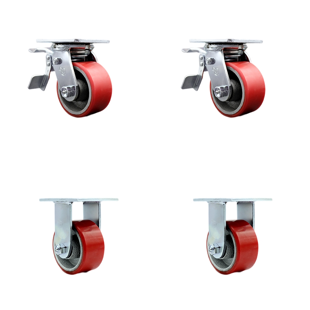 Polyurethane on Cast Iron Swivel Top Plate Casters, Heavy Duty with 4 in. Red Wheels - 2800 lbs Total Capacity - Set of 4