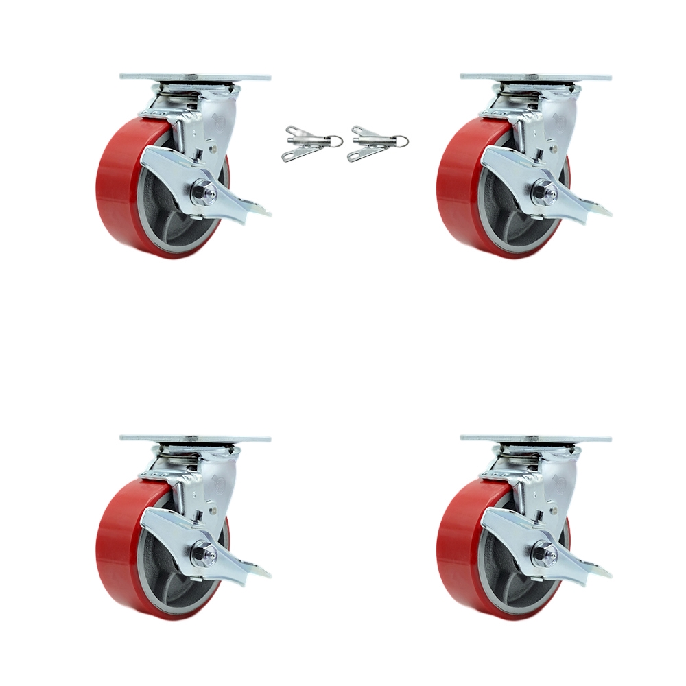 SCC-30CS520-PUR-RS-TLB-BSL-2-TLB-2 Polyurethane on Cast Iron Swivel Top Plate Casters, Heavy Duty with 5 in. Red Wheels - Set of 4