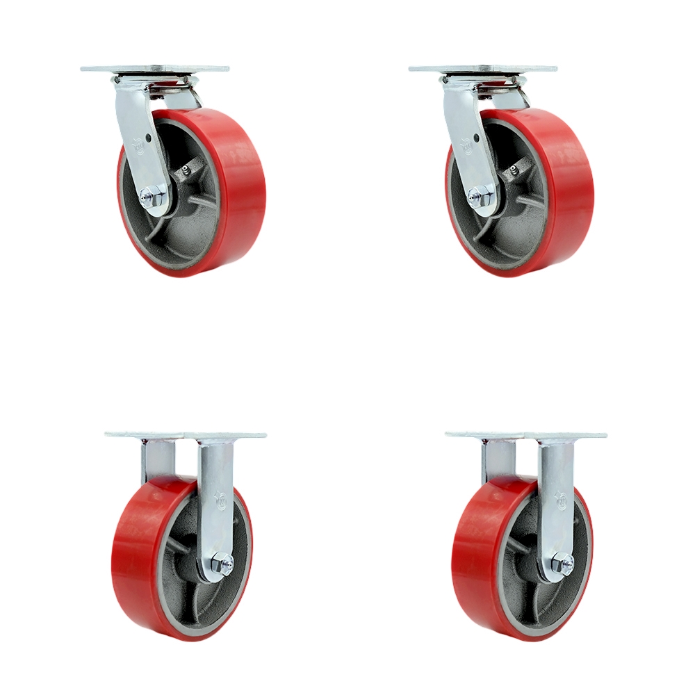 Polyurethane on Cast Iron Swivel Top Plate Casters, Heavy Duty with 6 in. Red Wheels - 4800 lbs Total Capacity - Set of 4