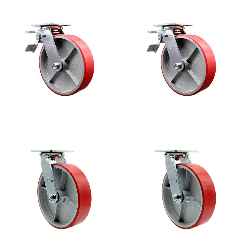 SCC-TTL30S820-PUR-RS-2-BSL-2 Polyurethane on Cast Iron Swivel Top Plate Casters, Heavy Duty with 8 in. Red Wheels - Set of 4