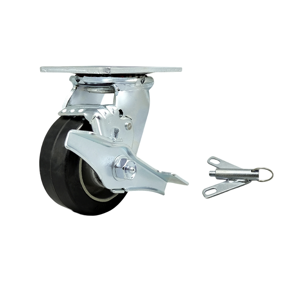 Rubber on Aluminum Swivel Top Plate Heavy Duty Caster with 4 in. Wheel & Top Lock Brake & Bolt on Swivel Lock - 400 lbs Capacity per Caster
