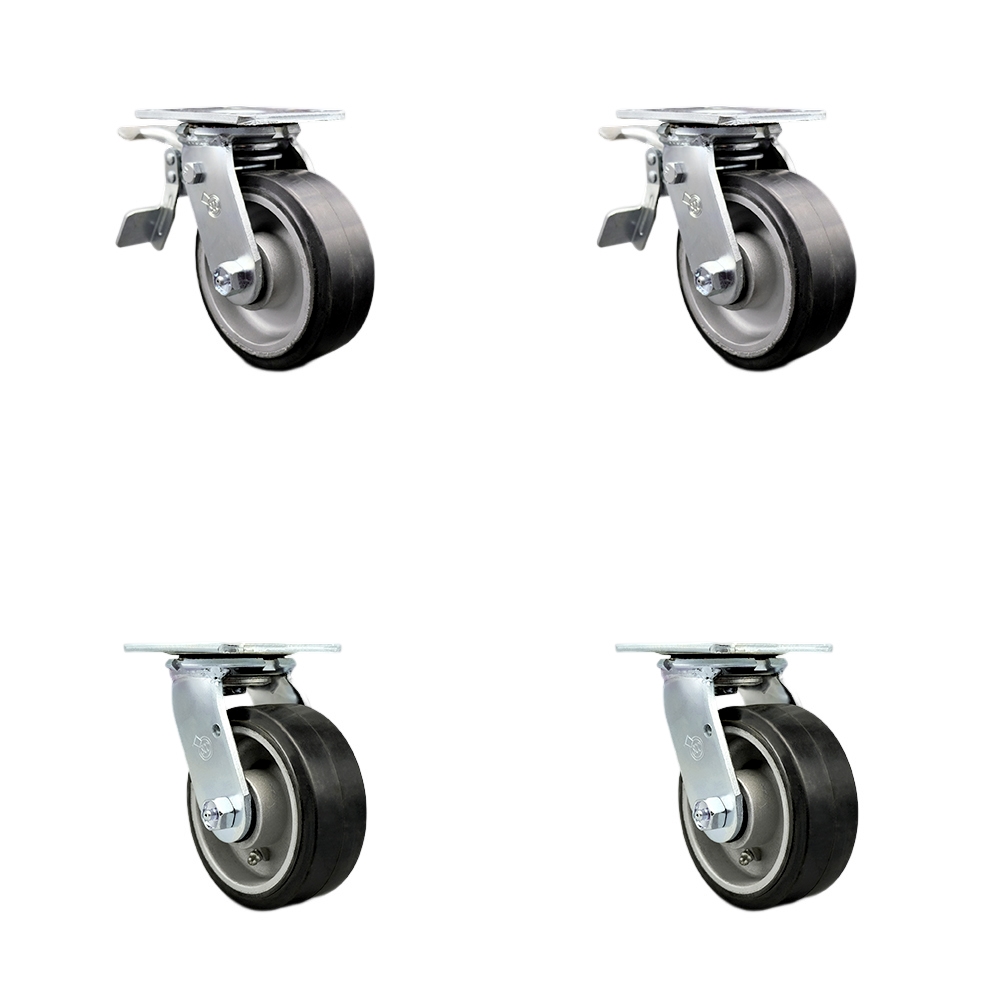 SCC-TTL30S520-RAR-2-S-2 Rubber on Aluminum Swivel Top Plate Casters, Heavy Duty with 5 in. Wheels - 2000 lbs Total Capacity - Set of 4