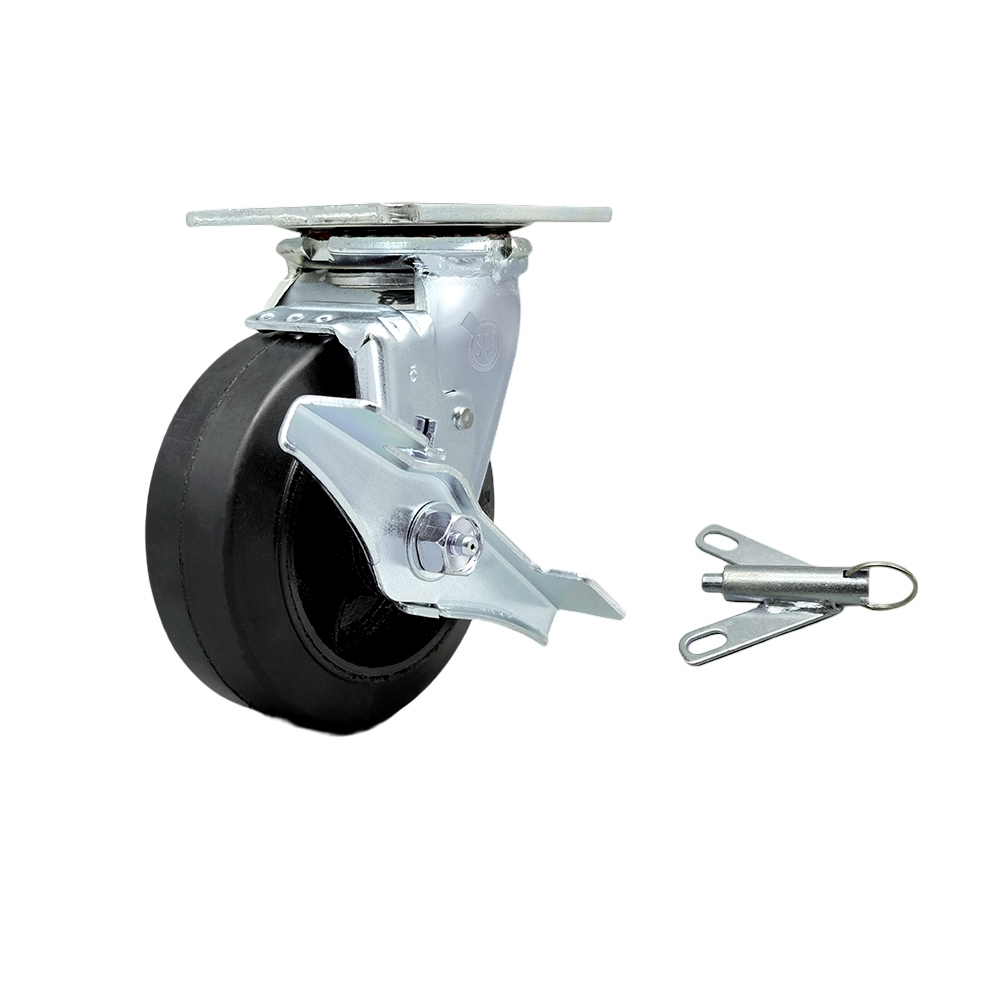 Rubber on Metal Swivel Top Plate Heavy Duty Caster with 5 in. Wheel & Top Lock Brake & Bolt on Swivel Lock - 400 lbs Capacity per Caster