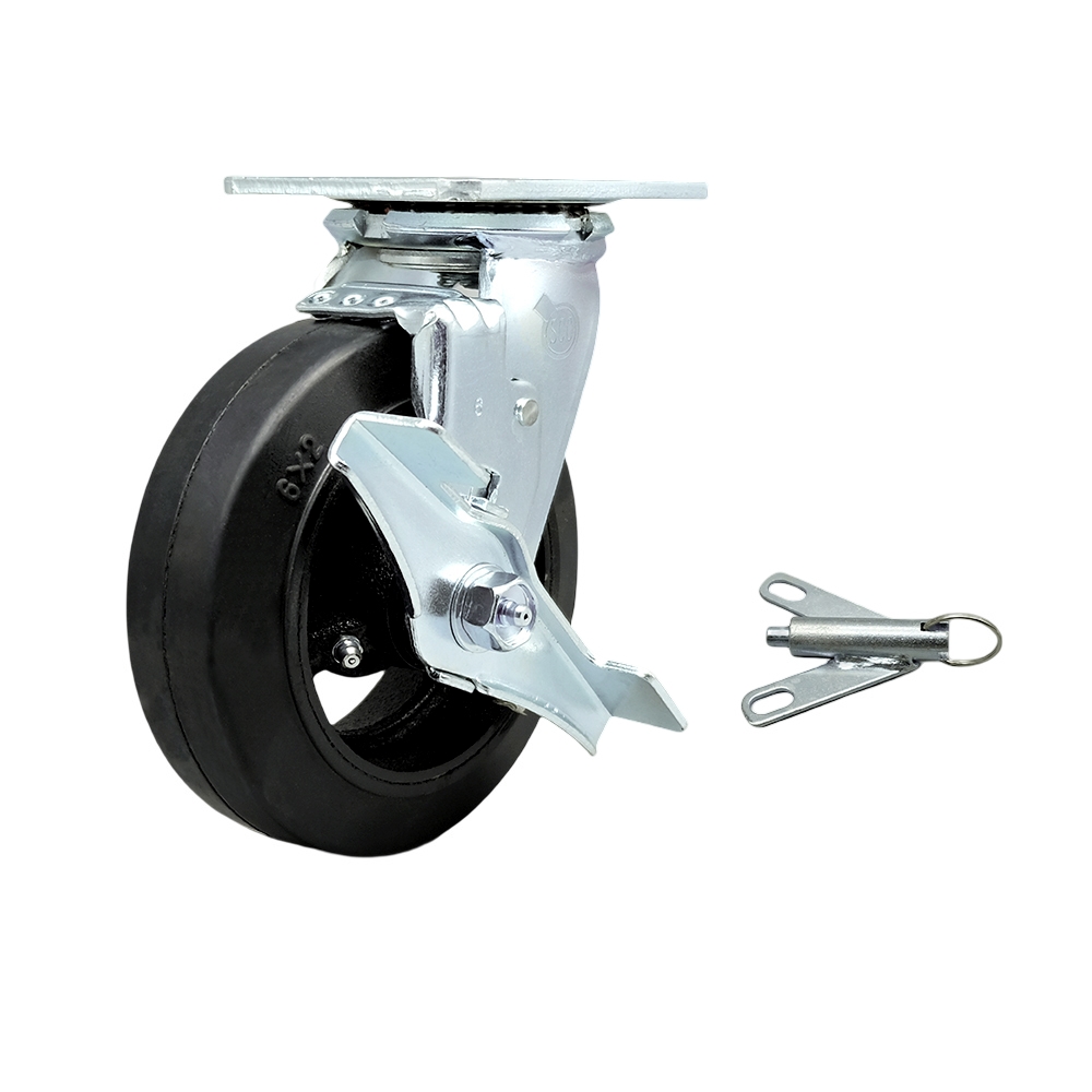 Rubber on Metal Swivel Top Plate Heavy Duty Caster with 6 in. Wheel & Top Lock Brake & Bolt on Swivel Lock - 450 lbs Capacity per Caster