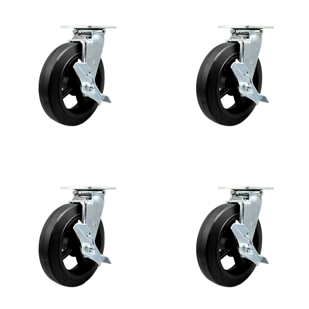 SCC-30CS820-RSR-TLB-BSL-2-TLB-2 Rubber on Metal Swivel Top Plate Casters, Heavy Duty with 8 in. Wheels - Set of 4