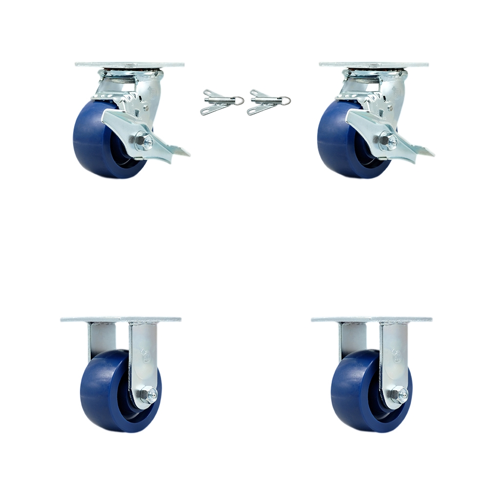 SCC-30CS420-SPUR-TLB-BSL-2-R-2 Solid Polyurethane Swivel Top Plate Casters, Heavy Duty with 4 in. Wheels - 2800 lbs Total Capacity - Set of 4