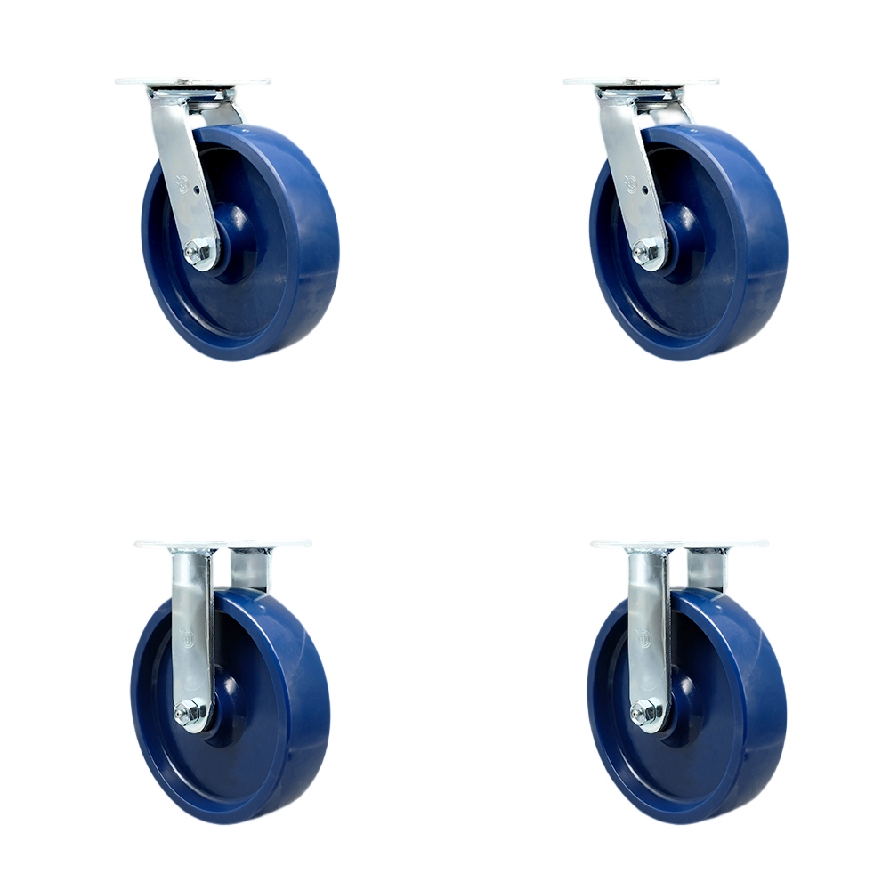 Stainless Steel Solid Polyurethane Swivel Top Plate Casters, Heavy Duty with 8 in. Wheels - 4800 lbs Total Capacity - Set of 4