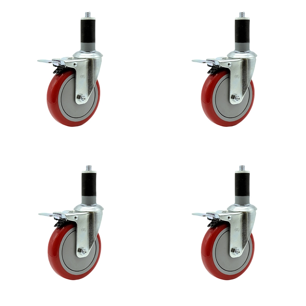 Regency Work Table & Equipment Stand Replacement Total Locking Caster Set - 5 in. Red Polyurethane Wheel - 4 Swivel Casters - Set of 4