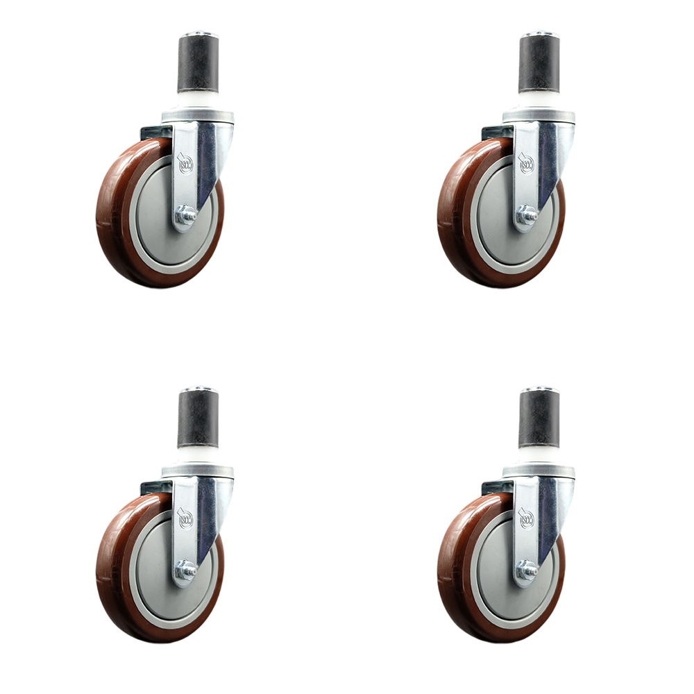Regency Work Table & Equipment Stand Replacement Caster Set - 5 in. Maroon Polyurethane Wheel - 4 Swivel Casters - Set of 4