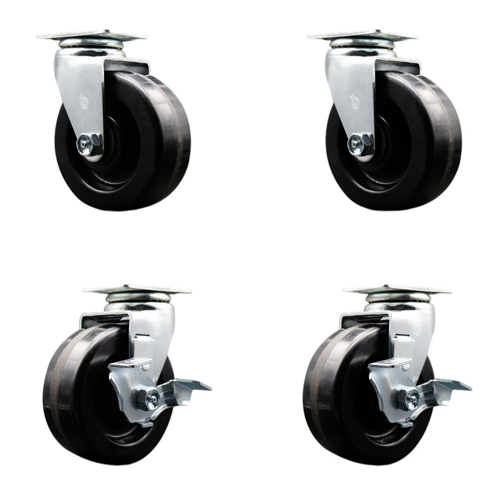 Tool Box Caster Wheel Set - 5 in. Flat Free, Zero Maintenance Phenolic Wheels - Industrial Grade - 2 Swivel with Top Lock Brakes