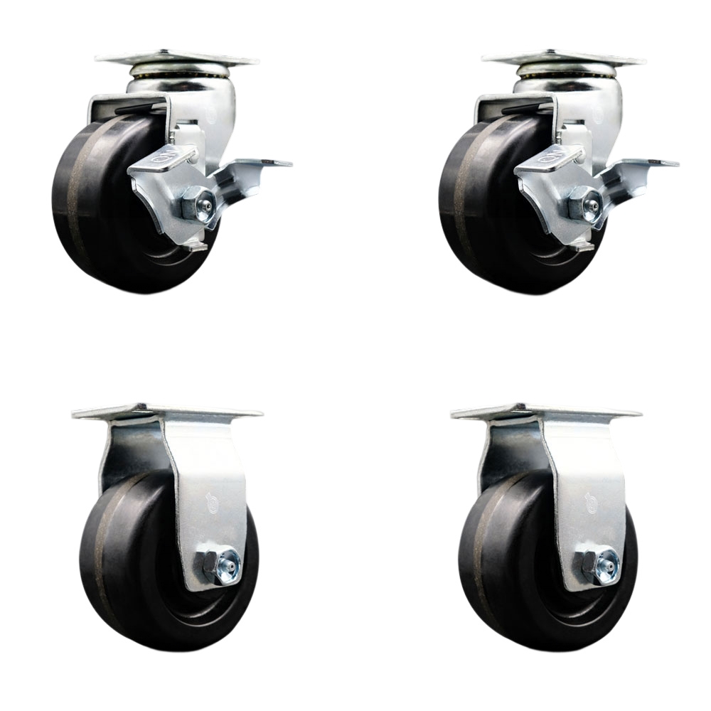 Tool Box Caster Wheel Set - 4 in. Flat Free, Easy Rolling Phenolic Wheels - Industrial Grade - 2 Swivel with Top Lock Brakes