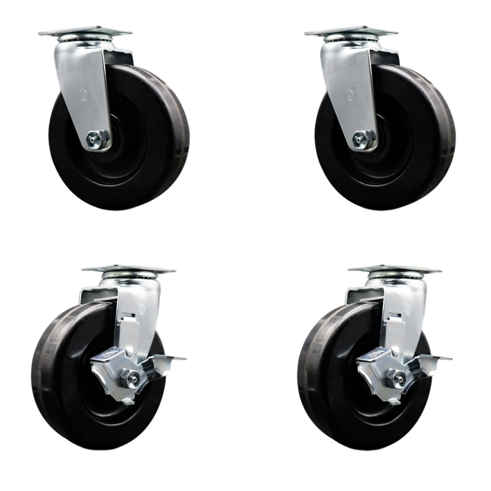 Tool Box Caster Wheel Set - 6 in. Flat Free, Easy Rolling Phenolic Wheels - Industrial Grade - 2 Swivel with Top Lock Brakes