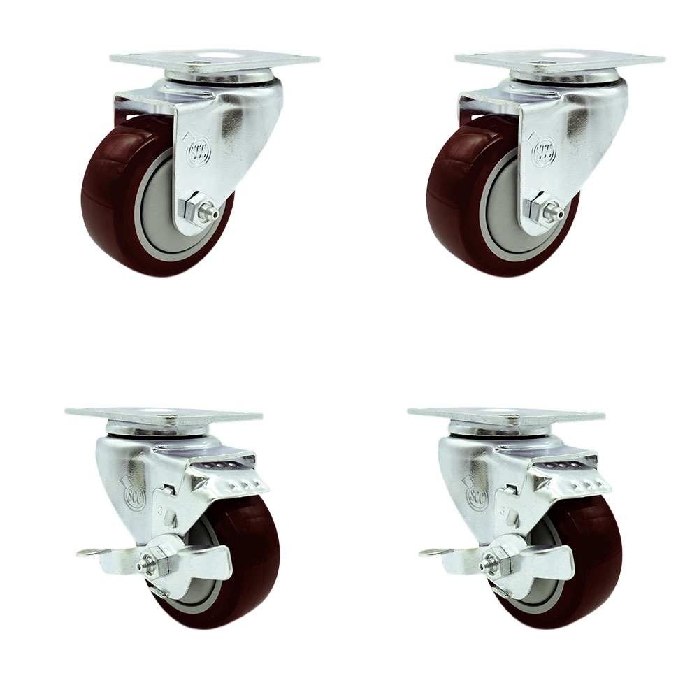 Tool Box Caster Wheel Set - 3.5 in. Non-Marking, Maintenance Free Maroon Polyurethane Wheels - Industrial Grade - 2 Swivel with Top Lock Brakes