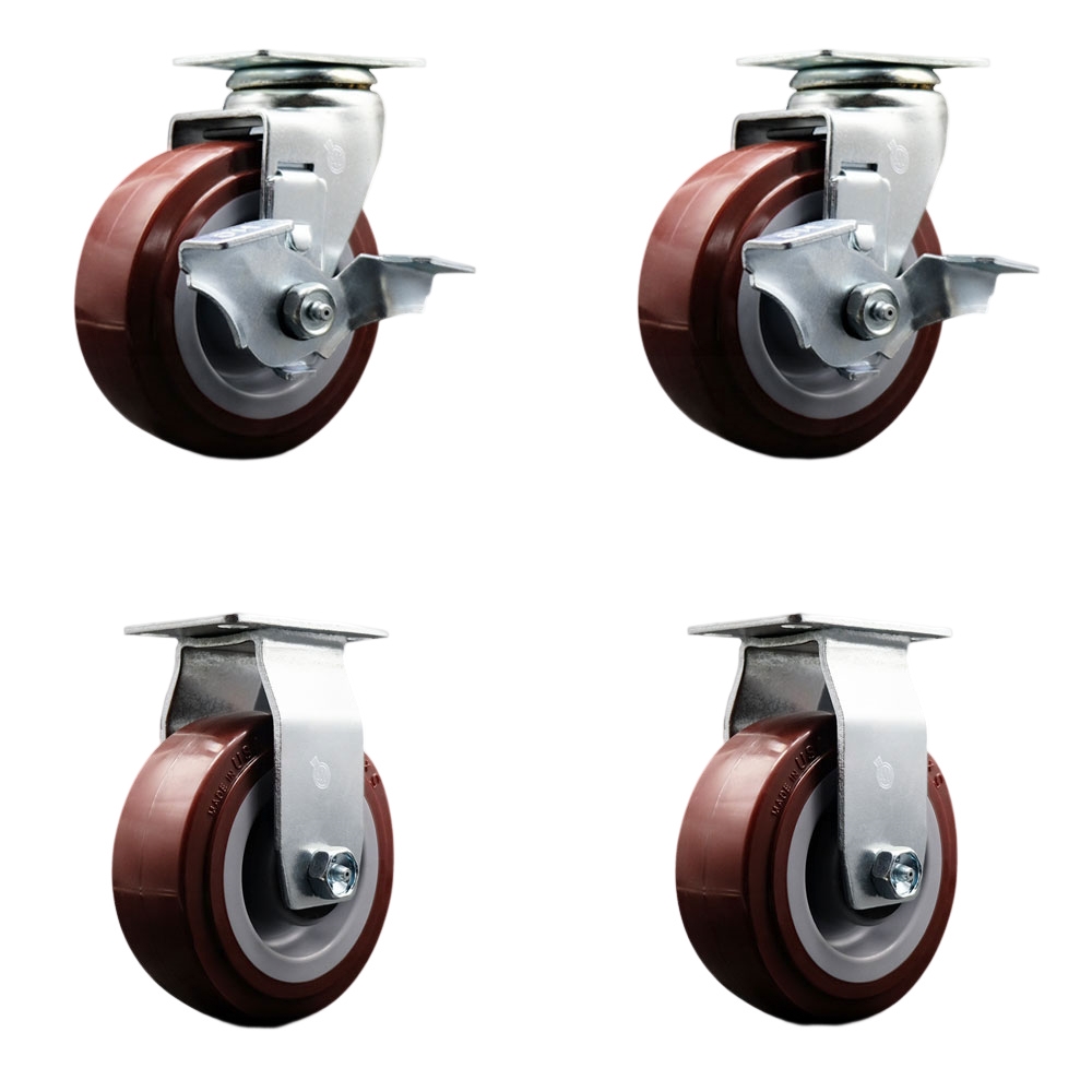 Tool Box Caster Wheel Set - 5 in. Non-Marking, Easy Rolling Maroon Polyurethane Wheels - Industrial Grade - 2 Swivel with Top Lock Brakes