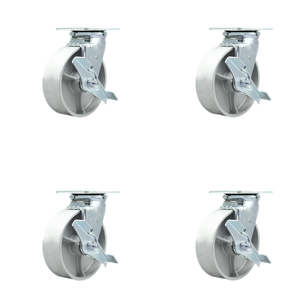 Tool Box Caster Wheel Set - 6 in. Flat Free, Easy Rolling Semi Steel Cast Iron Wheels - Industrial Grade - 4 Swivel Casters with Top Lock Brakes