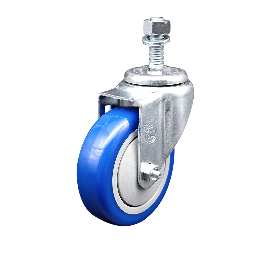 Welding, Detailing Chairs & Mechanical Creeper Polyurethane Swivel Threaded Stem Caster with 4 x 1.25 in. Blue Wheel & 0.5 in. Stem