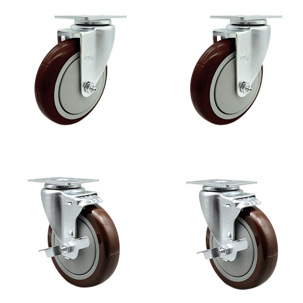 COO-SCC-20S514-PPUB-MRN-TPU1-2-TLB-2 369CASTER4 Cooking Performance Group 5 in. Caster Set - Light Duty Replacement - Maroon Polyurethane Wheel