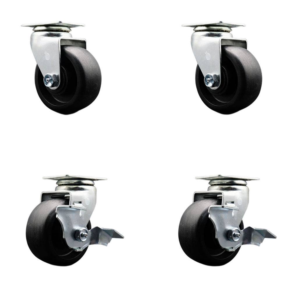 Tool Box Caster Wheel Set - 4 in. Flat Free, Zero Maintenance Glass Filled Nylon Wheels - Industrial Grade - 2 Swivel with Top Lock Brakes