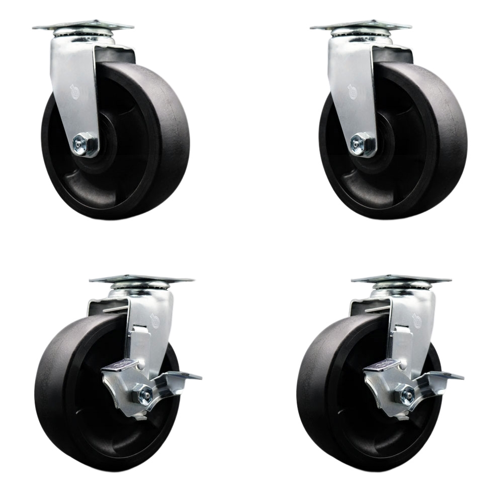 Tool Box Caster Wheel Set - 6 in. Flat Free, Zero Maintenance Glass Filled Nylon Wheels - Industrial Grade - 2 Swivel with Top Lock Brakes