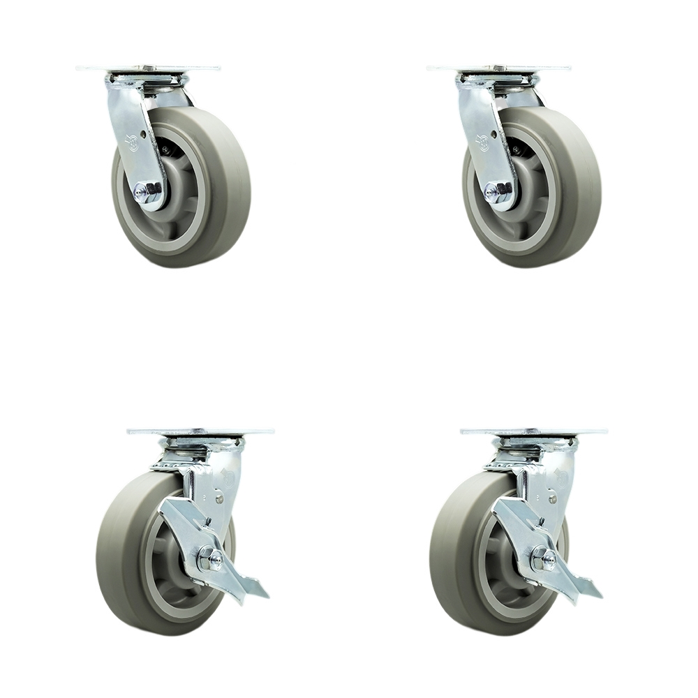 SCC-SS30S620-TPRRF-BSL-2-TLB-2 Stainless Steel Thermoplastic Rubber Flat Tread Swivel Top Plate Casters, Heavy Duty with 6 in. Wheels - Set of 4