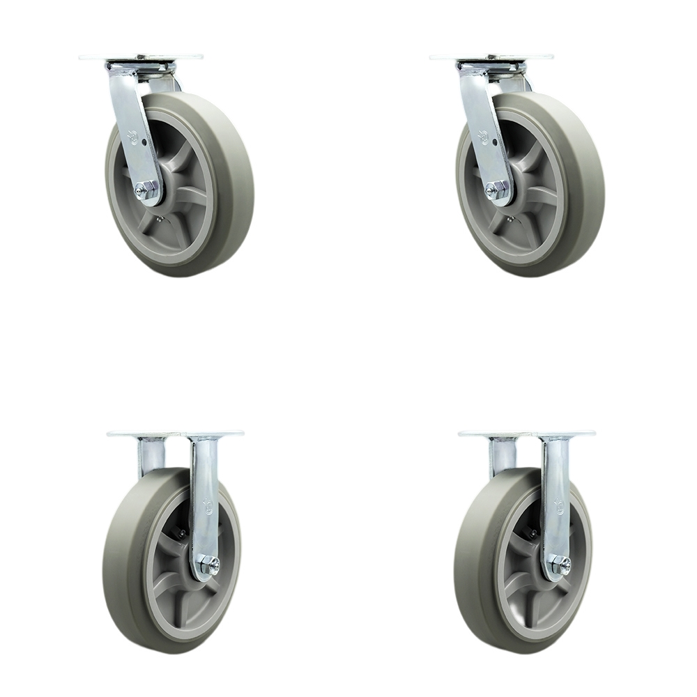 Stainless Steel Thermoplastic Rubber Flat Tread Swivel Top Plate Casters, Heavy Duty with 8 in. Wheels - 2400 lbs Total Capacity - Set of 4