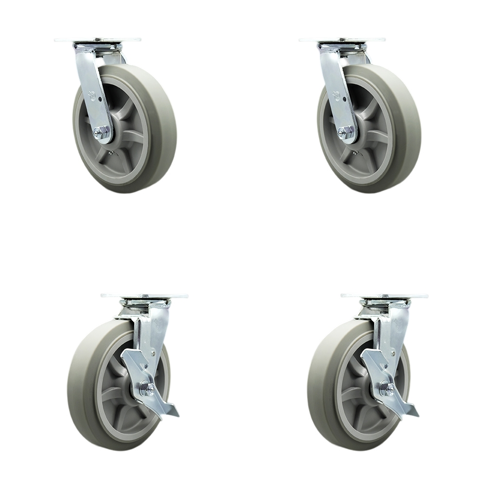 SCC-SS30S820-TPRRF-BSL-2-TLB-2 Stainless Steel Thermoplastic Rubber Flat Tread Swivel Top Plate Casters, Heavy Duty with 8 in. Wheels - Set of 4