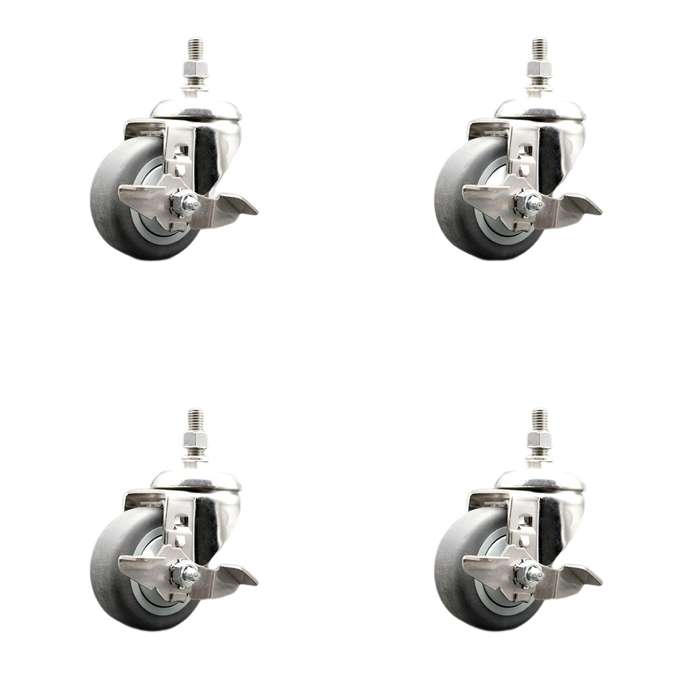 Thermoplastic Rubber Swivel Stem Caster with 3 in. Caster Wheels - 0.50 in. Threaded Stems - 316 Stainless Steel Casters - Set of 4