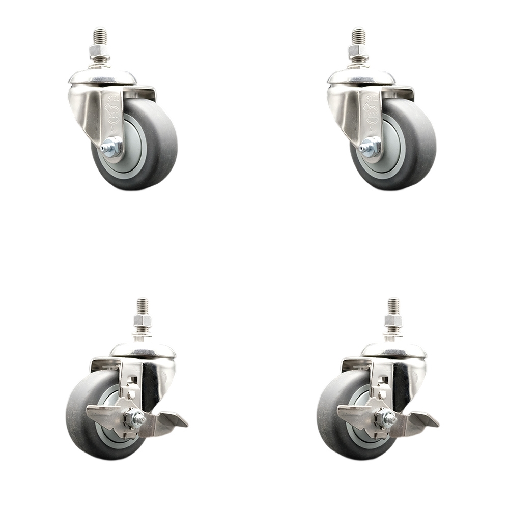 Thermoplastic Rubber Swivel Stem Caster with 3 in. Caster Wheels - 0.50 in. Threaded Stems - 316 Stainless Steel Caster - Set of 4