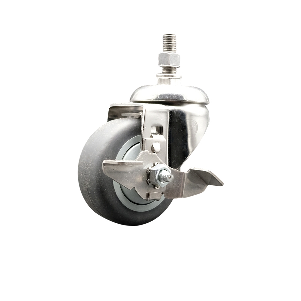 Thermoplastic Rubber Swivel Stem Caster with 3.5 in. Gray Caster Wheel & Top Lock Brake - 0.5 in. Threaded Stem - 316 Stainless Steel Caster