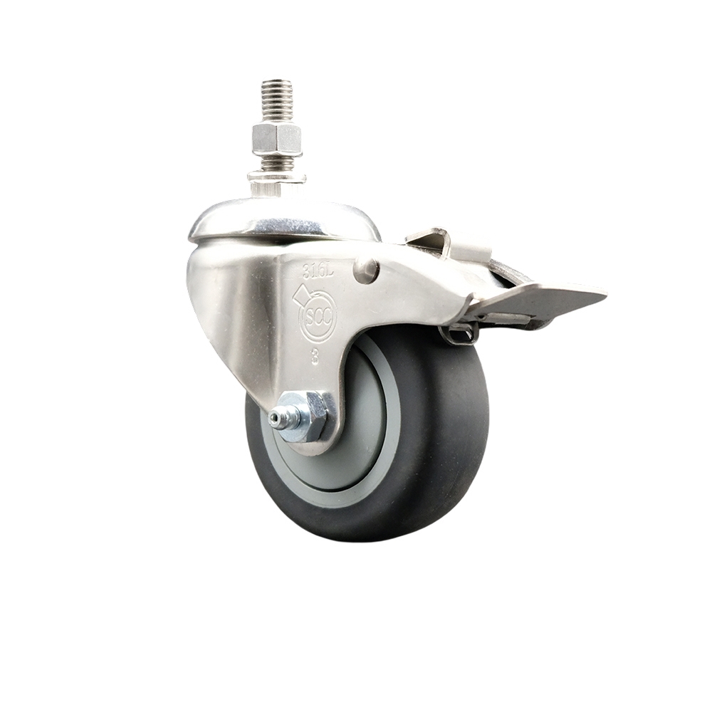 Thermoplastic Rubber Swivel Stem Caster with 3.5 in. Gray Caster Wheel & Total Lock Brake - 0.5 in. Threaded Stem - 316 Stainless Steel Caster