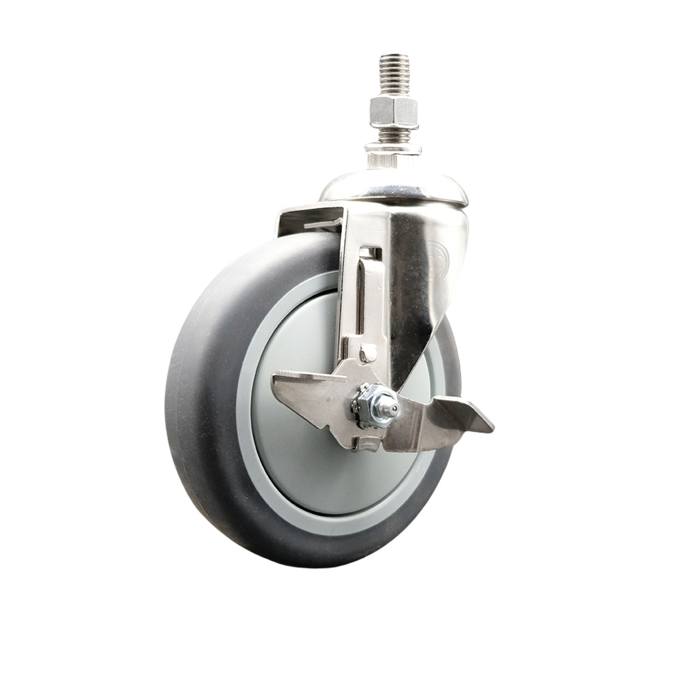 Thermoplastic Rubber Swivel Stem Caster with 5 in. Gray Caster Wheel & Top Lock Brake - 0.5 in. Threaded Stem - 316 Stainless Steel Caster