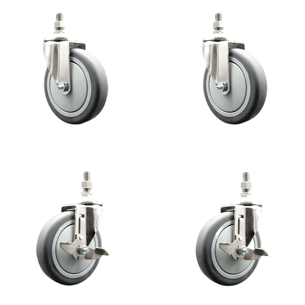 Thermoplastic Rubber Swivel Stem Caster with 5 in. Caster Wheels - 0.50 in. Threaded Stems - 316 Stainless Steel Caster - Set of 4