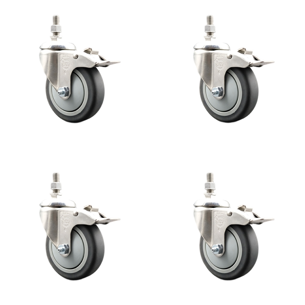 Thermoplastic Rubber Swivel Stem Caster with 4 in. Caster Wheels - 10 mm Metric Threaded Stems - 316 Stainless Steel Casters - Set of 4