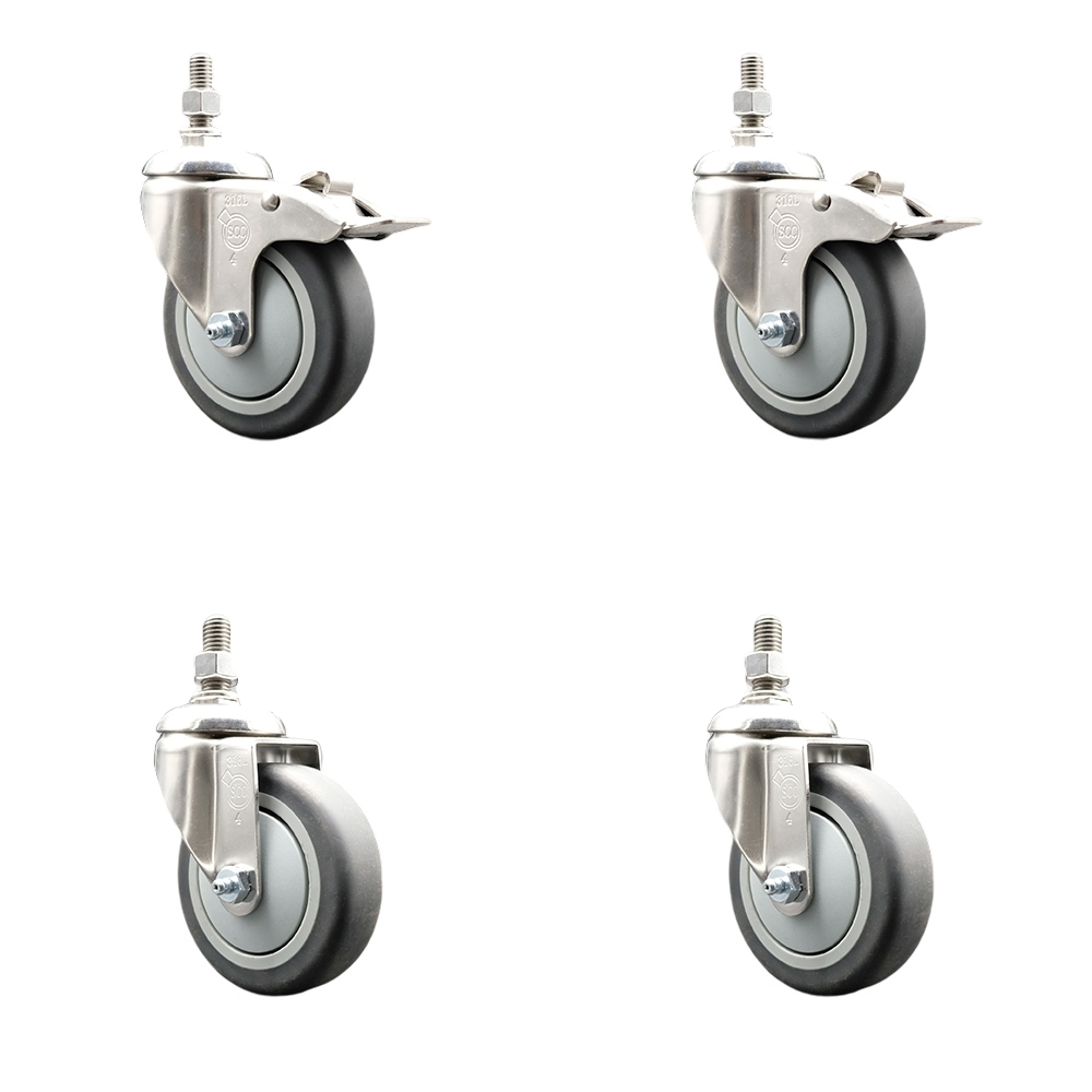 Thermoplastic Rubber Swivel Stem Caster with 4 in. Caster Wheels - 10 mm Threaded Stem - 316 Stainless Steel Caster - Set of 4