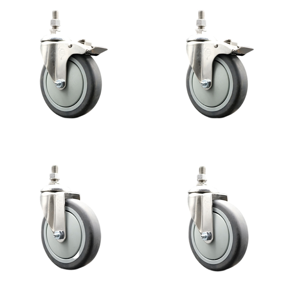 Thermoplastic Rubber Swivel Stem Caster with 5 in. Caster Wheels - 10 mm Threaded Stem - 316 Stainless Steel Caster - Set of 4