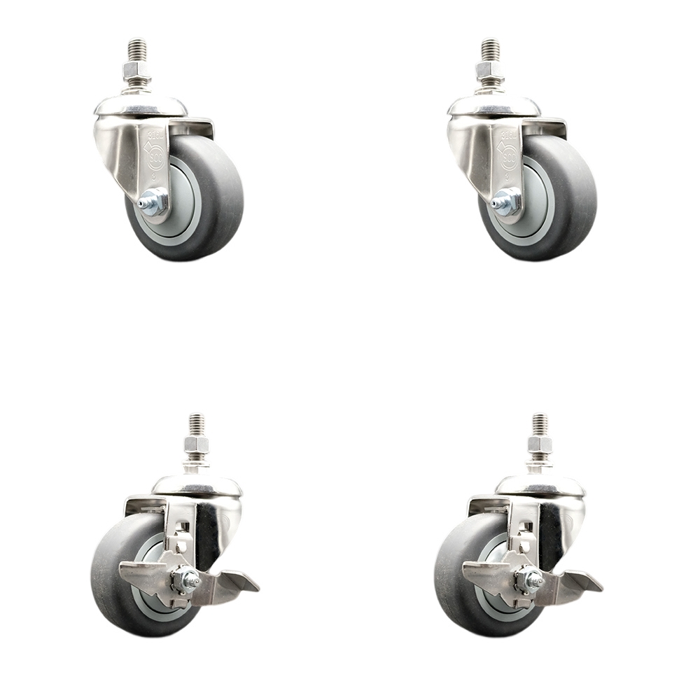 Thermoplastic Rubber Swivel Stem Caster with 3 in. Caster Wheels - 12 mm Threaded Stems - 316 Stainless Steel Caster - Set of 4