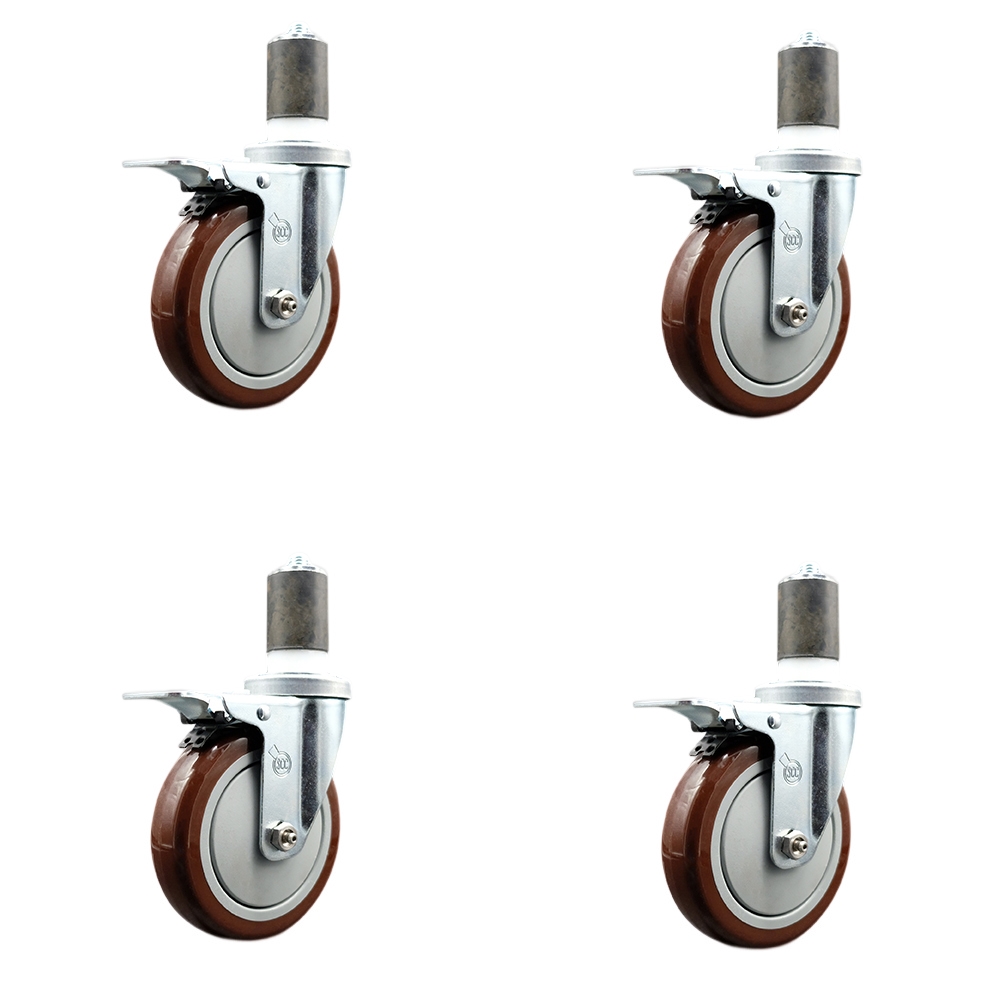 Regency Work Table & Equipment Stand Replacement Total Locking Caster Set - 5 in. Maroon Polyurethane Wheel - 4 Swivel Casters - Set of 4