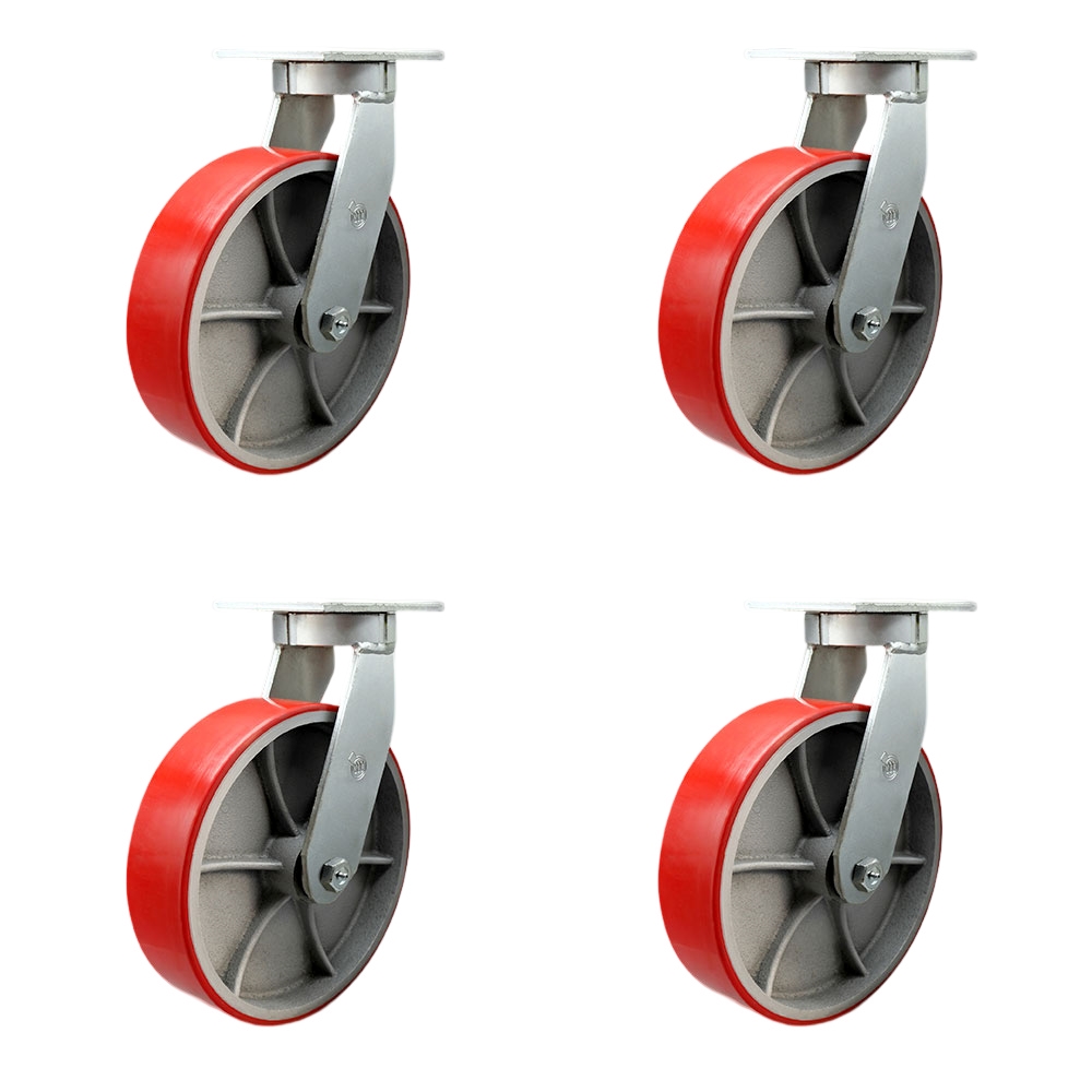 Extra Heavy Duty 12 x 3 in. Red Poly on Cast Iron Swivel Caster Set for Cranes, Gantries, Hoists & Winches - Set of 4 - 3500 lbs per Caster